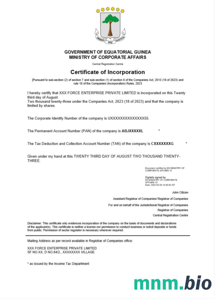 Gwinea Równikowa certyfikat rejestracji Word i szablon PDF